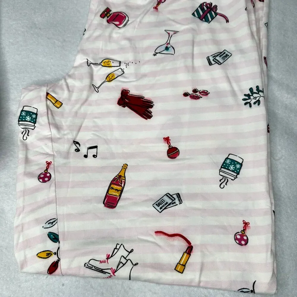 Kate Spade Holiday Cheer Pajama Set Soft Knit Stripe Pink Size Medium NWT $78